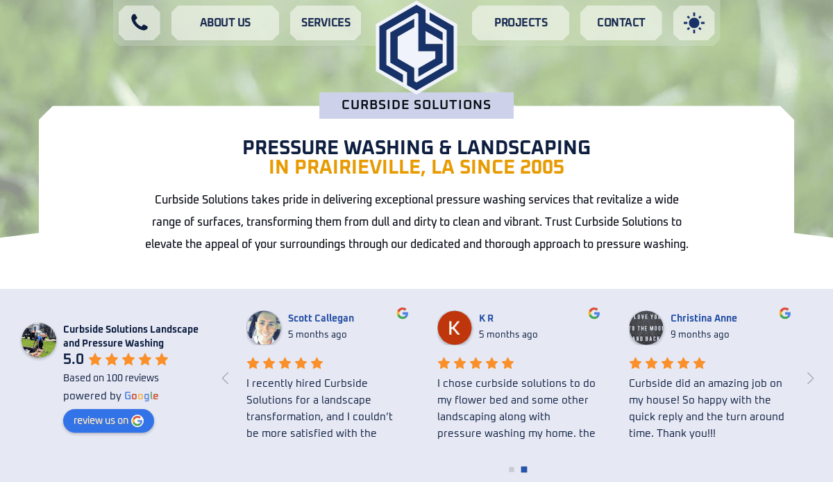 Screenshot of Curbside Solutions’ website showing services for pressure washing and landscaping in Prairieville, LA, customer reviews, a 5-star Google rating, and a blue logo at the top center.