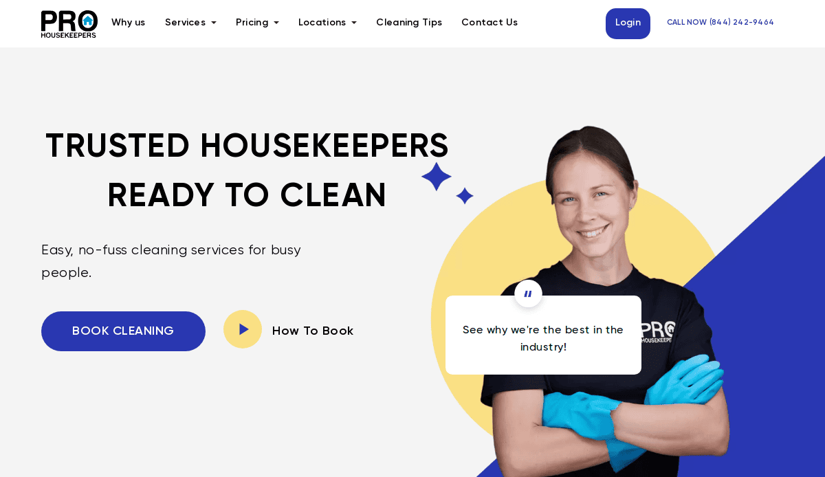 Homepage of a cleaning service website showing a smiling woman in cleaning gloves, text promoting trusted housekeepers, and buttons for booking and learning more about the service.