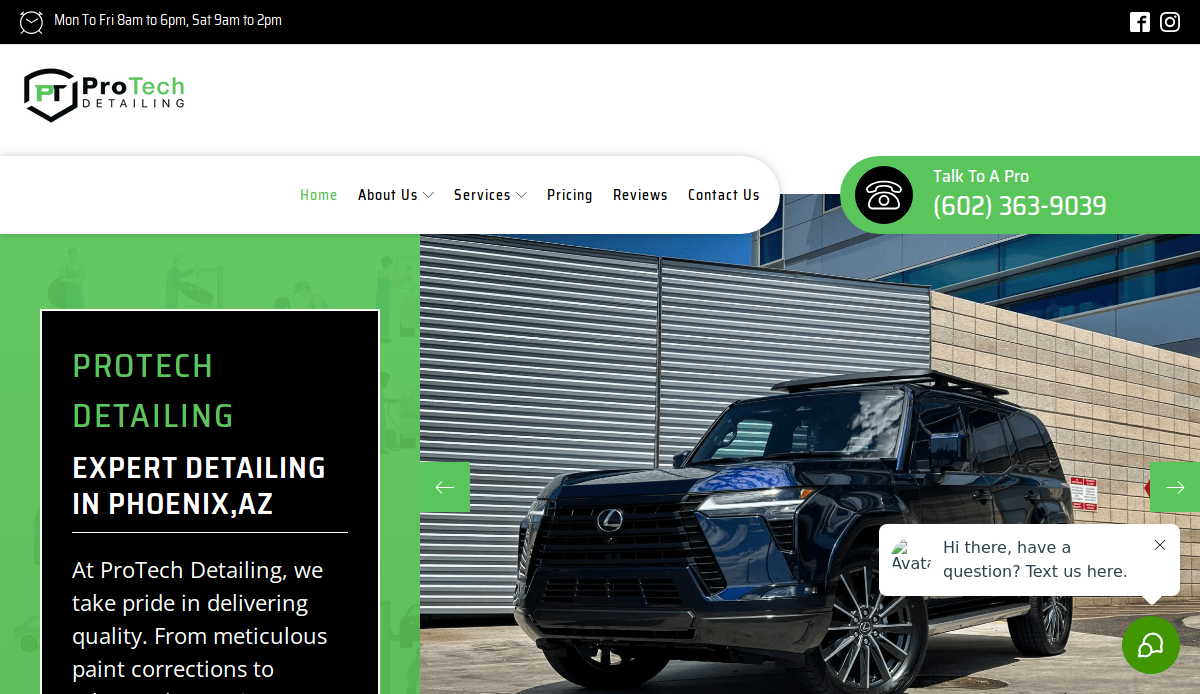 A black Lexus SUV parked outside a modern building with metallic siding. The ProTech Detailing website is displayed, highlighting their expert detailing services in Phoenix, AZ, and contact information.