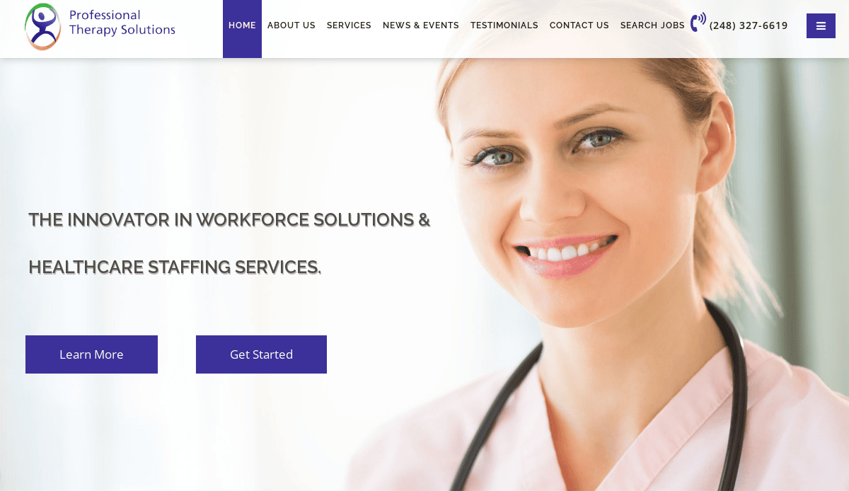 A smiling female healthcare professional with a stethoscope, next to text promoting workforce solutions and healthcare staffing services. Website navigation and company logo appear at the top.