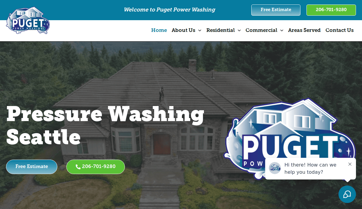 A website homepage for Puget Power Washing shows a house with a clean roof, company logo, navigation menu, phone number, and buttons for free estimates and chat support. Text reads Pressure Washing Seattle.