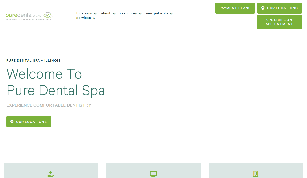 Screenshot of Pure Dental Spas website homepage with a green and white theme. Headline reads Welcome to Pure Dental Spa and there are buttons for Our Locations and scheduling appointments.