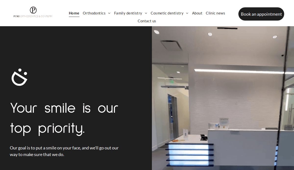 A modern dental clinic reception area with a white front desk, illuminated horizontal lines, and minimalist decor. On the left, text reads Your smile is our top priority with a message about patient care.