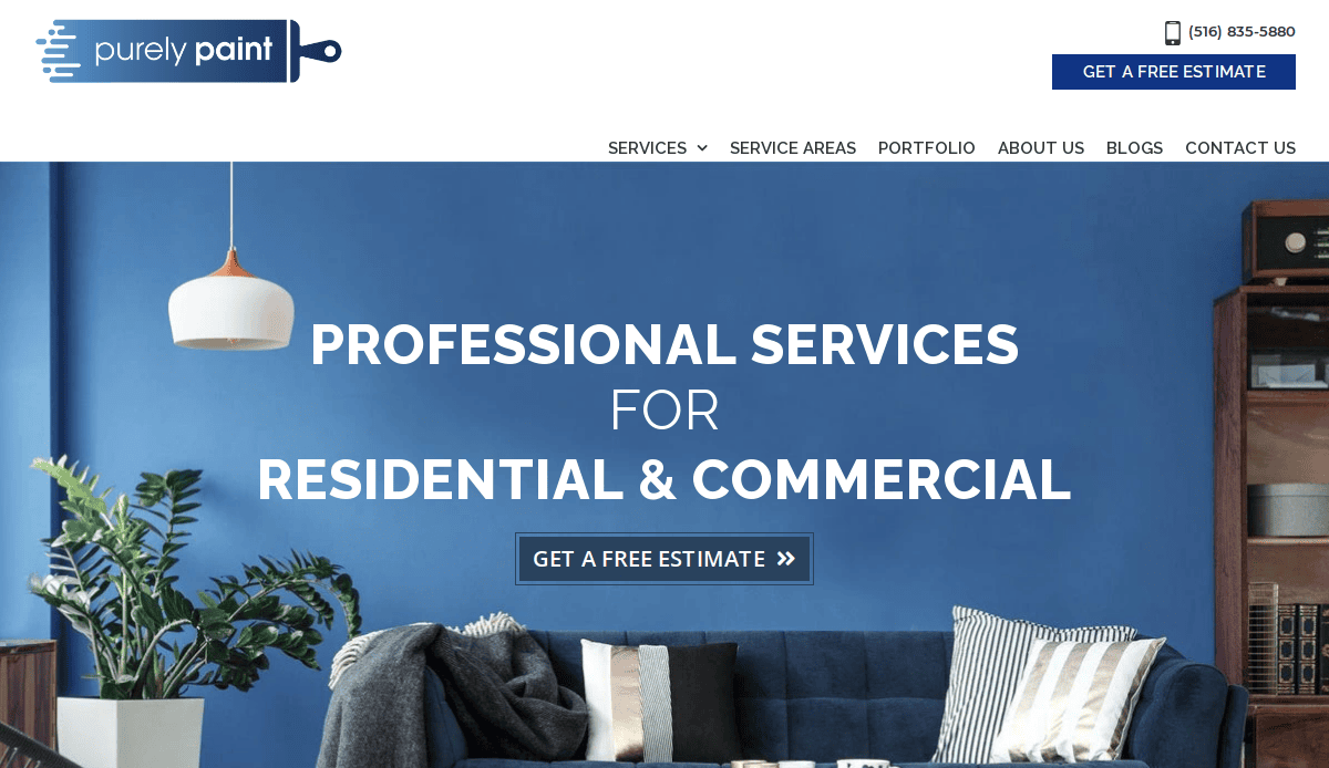 A blue-themed living room with a modern sofa and plant, displaying the Purely Paint website header. Text reads Professional Services for Residential & Commercial with a Get a Free Estimate button.