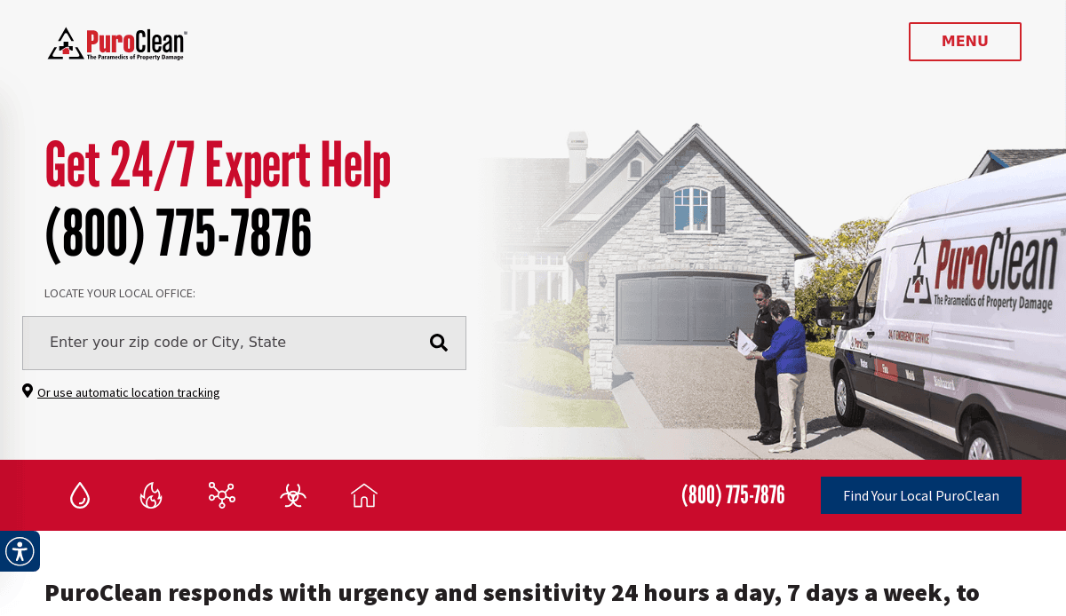A PuroClean van is parked outside a suburban house, while two people review a clipboard. The image promotes 24/7 expert help for property damage and shows a phone number for assistance.