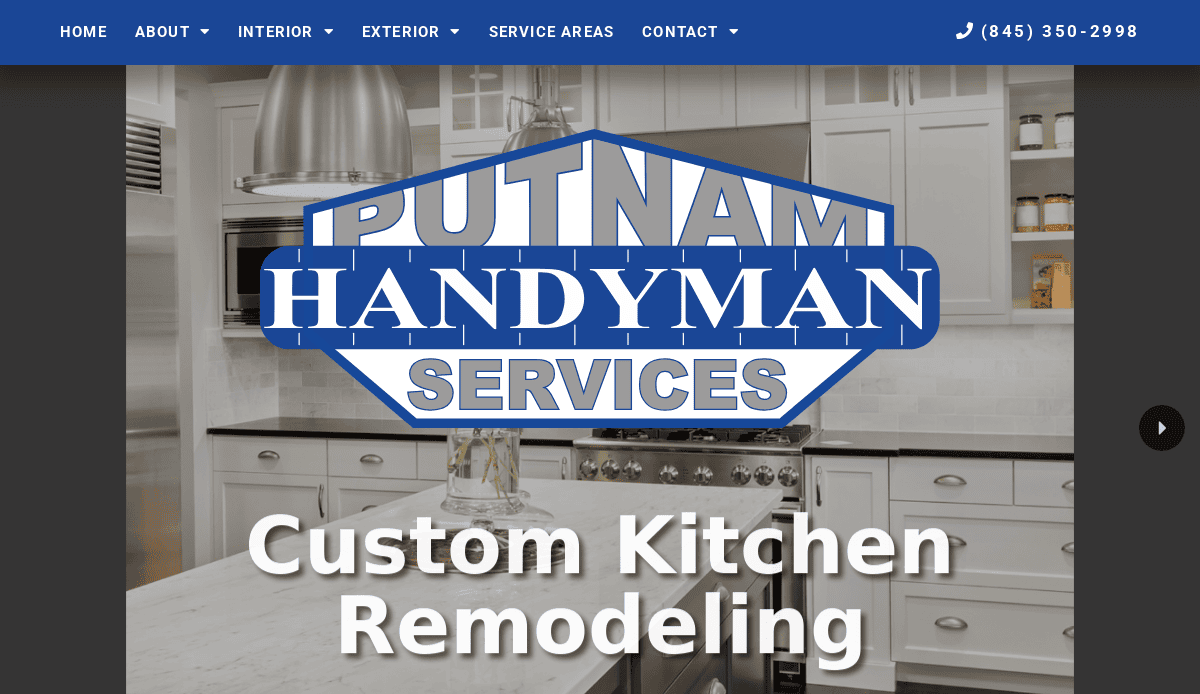 Screenshot of the Putnam Handyman Services website featuring their logo over a modern white kitchen with text reading “Custom Kitchen Remodeling.” A blue navigation bar is at the top.