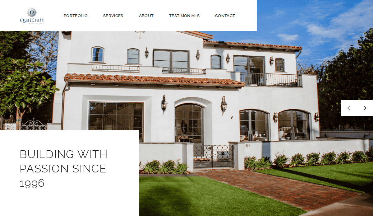 A two-story modern Mediterranean-style house with large windows, balconies, and a landscaped front yard. Text overlay reads, BUILDING WITH PASSION SINCE 1996. Website menu is visible at the top.