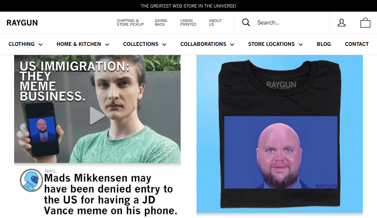 A website screenshot shows a video thumbnail with a serious person holding a phone, text reading “US Immigration: They mean business,” and a caption saying, “Mads Mikkensen may have been denied entry to the US for having a JD meme on his phone.” Next to it is a t-shirt with a bearded mans face printed on it.
