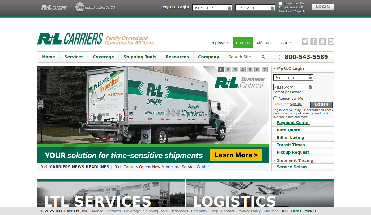 Screenshot of the R+L Carriers website homepage showing a delivery truck, navigation menus, login area, contact number, and promotional banner for time-sensitive shipments.
