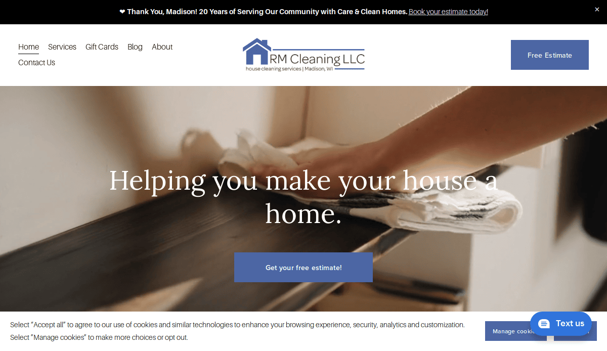 A close-up of a gloved hand cleaning a shelf with a white cloth. The website header says RM Cleaning LLC and promotes house cleaning services with a Get your free estimate! button.