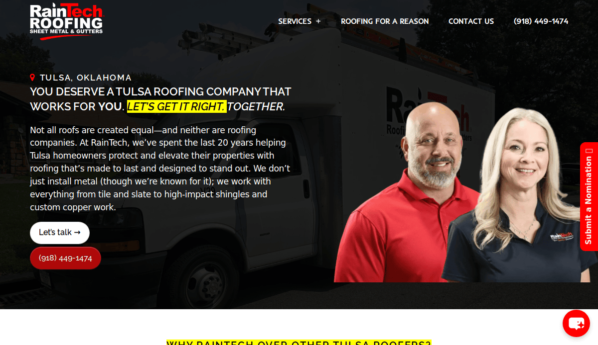 Two RainTech Roofing employees stand smiling in front of a company truck. The website highlights Tulsa, OK roofing services, with the slogan LETS GET IT RIGHT. TOGETHER. and a yellow Lets talk button to contact the company.