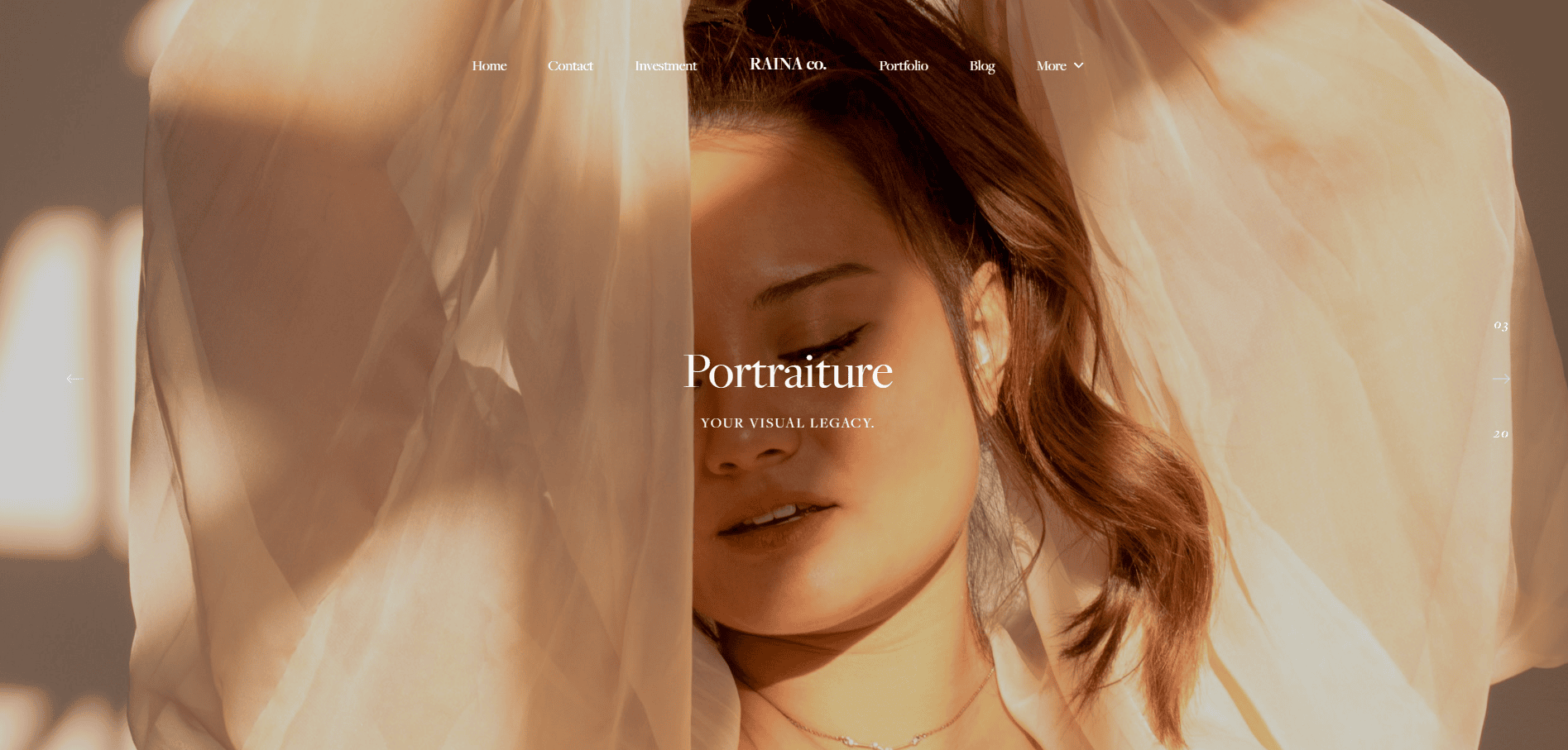 A woman with closed eyes is draped in soft, sheer fabric, warmly lit by sunlight. The website menu appears at the top, with Portraiture and Your Visual Legacy text in the center.