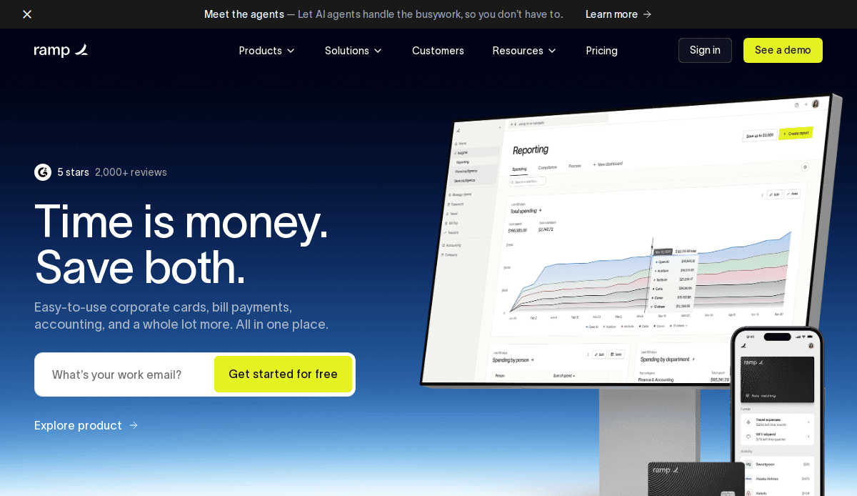A website homepage for Ramp, featuring a slogan Time is money. Save both. with a form to enter an email, a Get started for free button, and a computer screen showing a financial reporting dashboard.