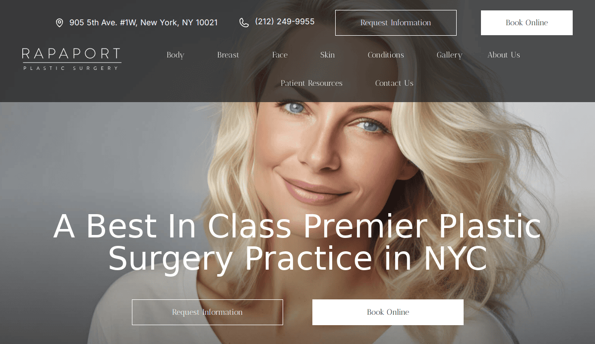 A website homepage for Rapaport Plastic Surgery featuring a smiling blonde woman and text stating, A Best In Class Premier Plastic Surgery Practice in NYC. Navigation menu and contact info are visible at the top.