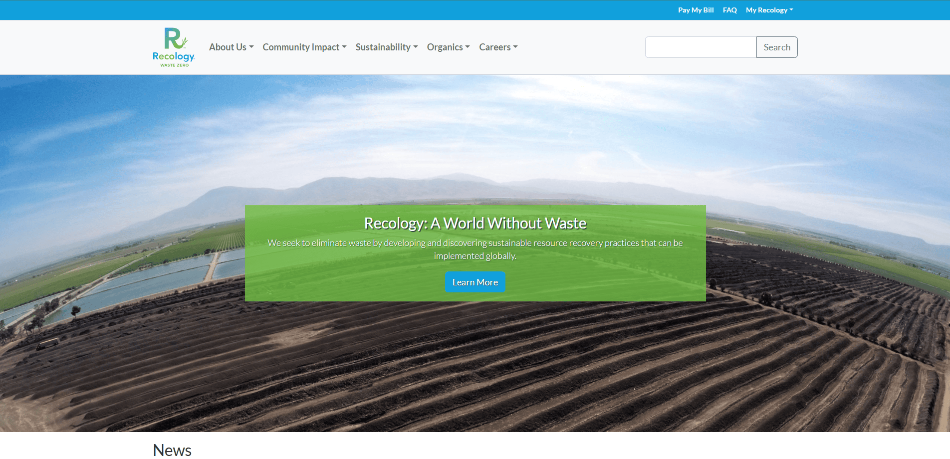 Aerial view of agricultural fields with the Recology logo and navigation menu at the top. Main headline reads “Recology: A World Without Waste” with a green button labeled “Learn More” in the center.