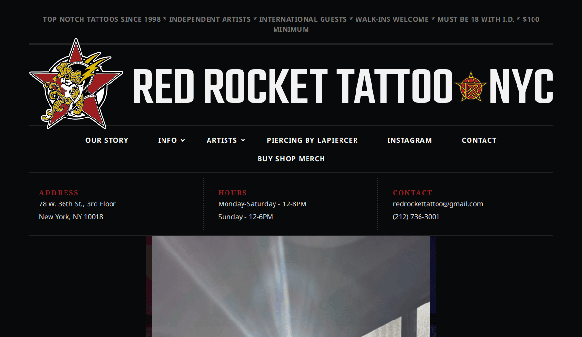Screenshot of the Red Rocket Tattoo NYC website, showing the name, address, hours, contact info, and navigation menu on a black background with a star and cartoon rocket logo.