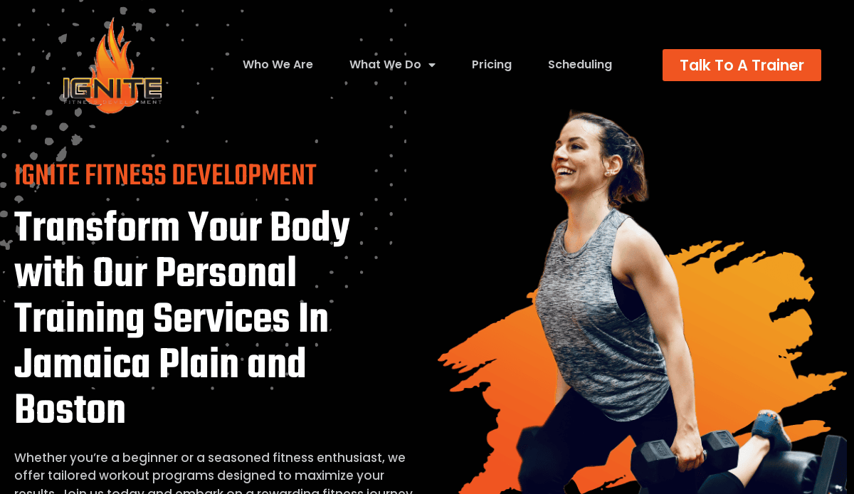 A woman in athletic wear lifts dumbbells and smiles on a fitness website for Ignite Fitness Development, which offers personal training services in Jamaica Plain and Boston; bold text and an orange flame logo are visible.