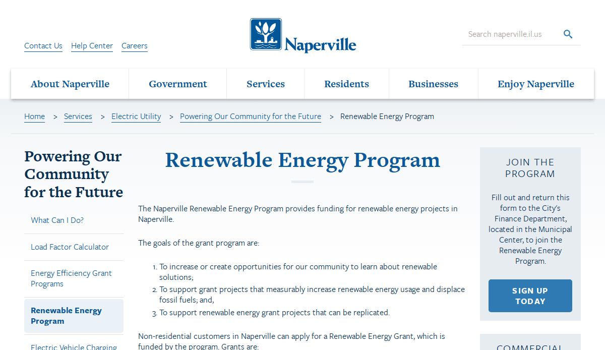 Screenshot of the City of Naperville’s Renewable Energy Program webpage, showing an overview of the program, its goals, navigation links, and a sidebar with program information and a sign-up button.
