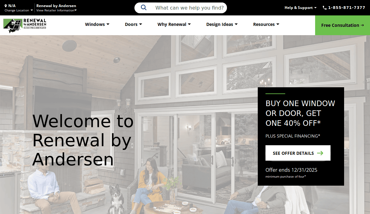 A modern living room with large windows is shown. Three people sit and talk inside. The screen displays Welcome to Renewal by Andersen and a black box with a window and door discount offer on the right.