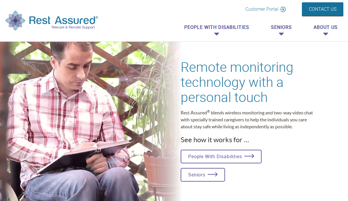 A man in a plaid shirt sits outside on a wooden chair, reading a tablet. Text on the right describes Rest Assureds remote monitoring technology for people with disabilities and seniors. Two buttons offer more information.