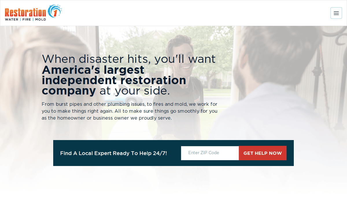 A website banner for Restoration 1 with text promoting the company as America’s largest independent restoration company, featuring a blurred background of people talking and a form to find local help by entering a ZIP code.