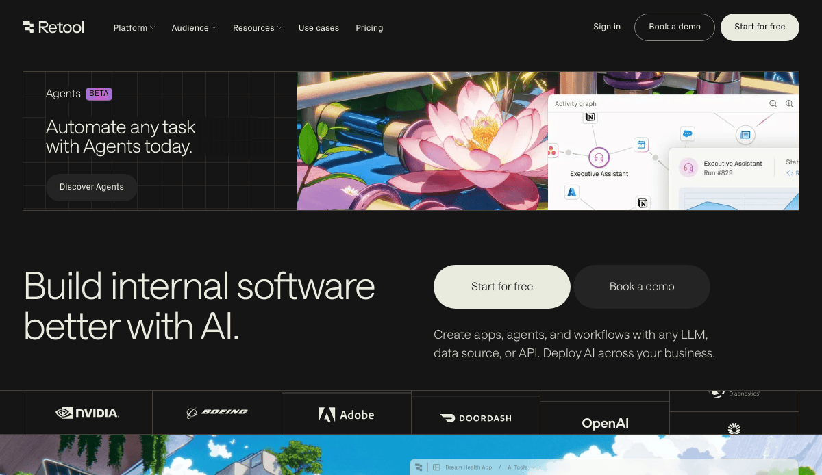 Screenshot of Retools homepage featuring a banner about automating tasks with AI Agents, a floral graphic, and logos of companies like Nvidia, Adobe, and OpenAI. Buttons for “Start for free” and “Book a demo” are visible.