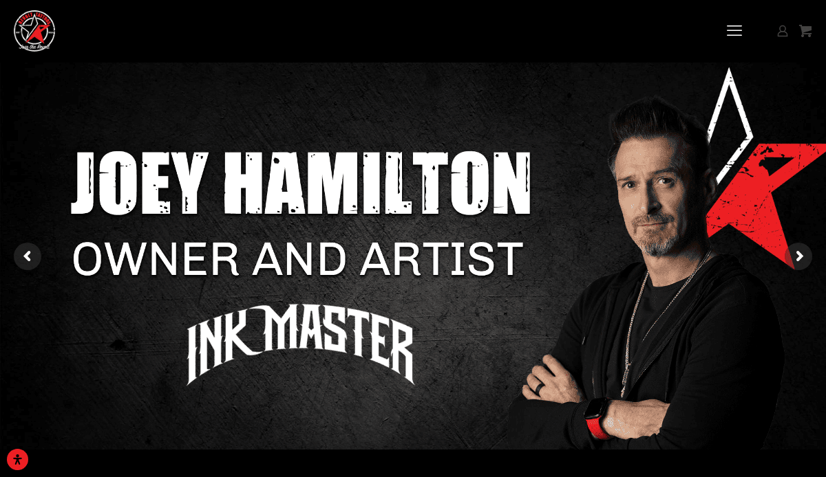A man stands with arms crossed on a dark background next to bold text reading Joey Hamilton, Owner and Artist, Ink Master, with a stylized red and white star design.