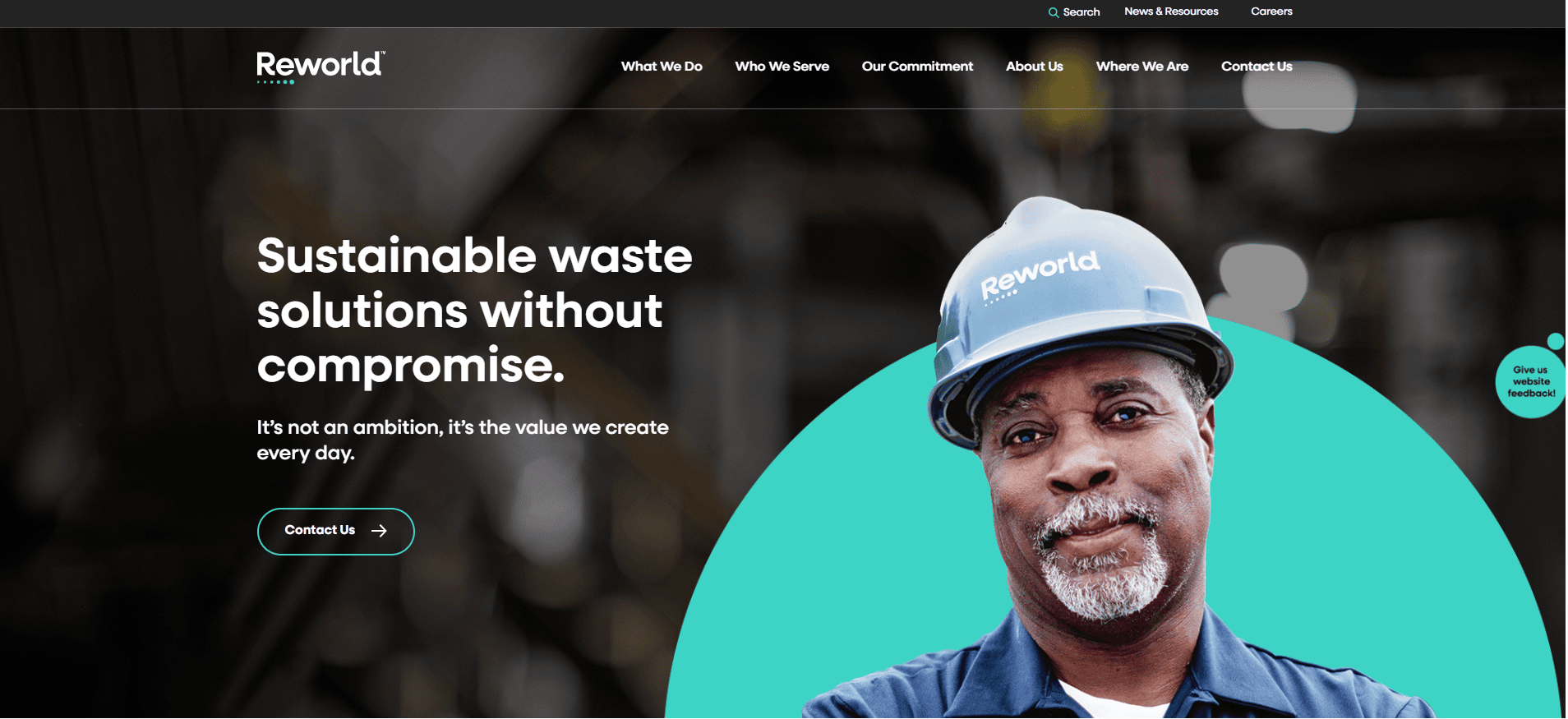 A man in a blue hard hat and blue shirt stands in front of an industrial background on the Reworld website, with text promoting sustainable waste solutions and a button labeled Contact Us.