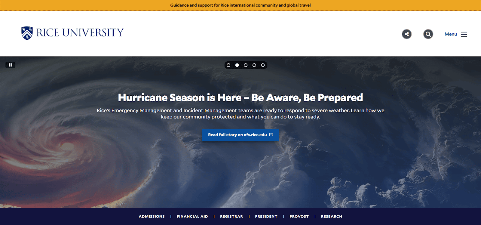 Rice University website homepage with a banner about hurricane season preparedness, featuring a swirling hurricane image and a button to read more about staying safe. The top bar has guidance for international and global travel.