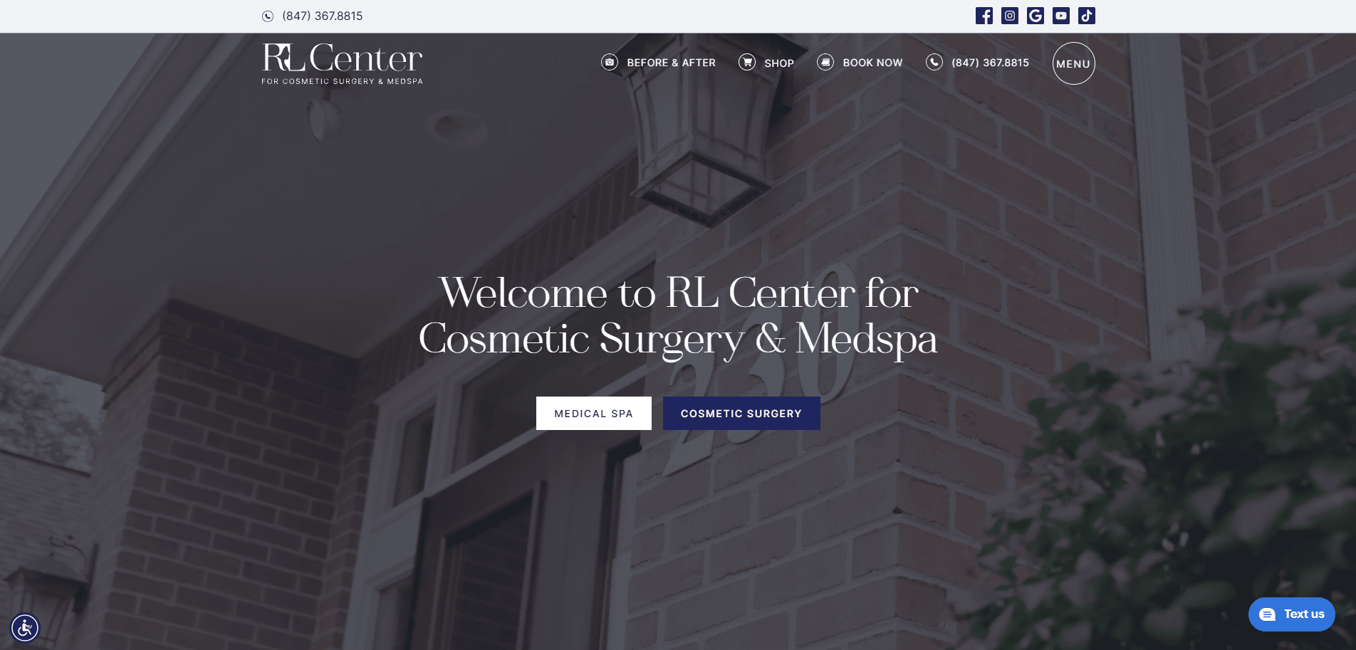 Website homepage for RL Center for Cosmetic Surgery & Medspa, showing a brick building entrance and text welcoming visitors, with menu options and contact information at the top.