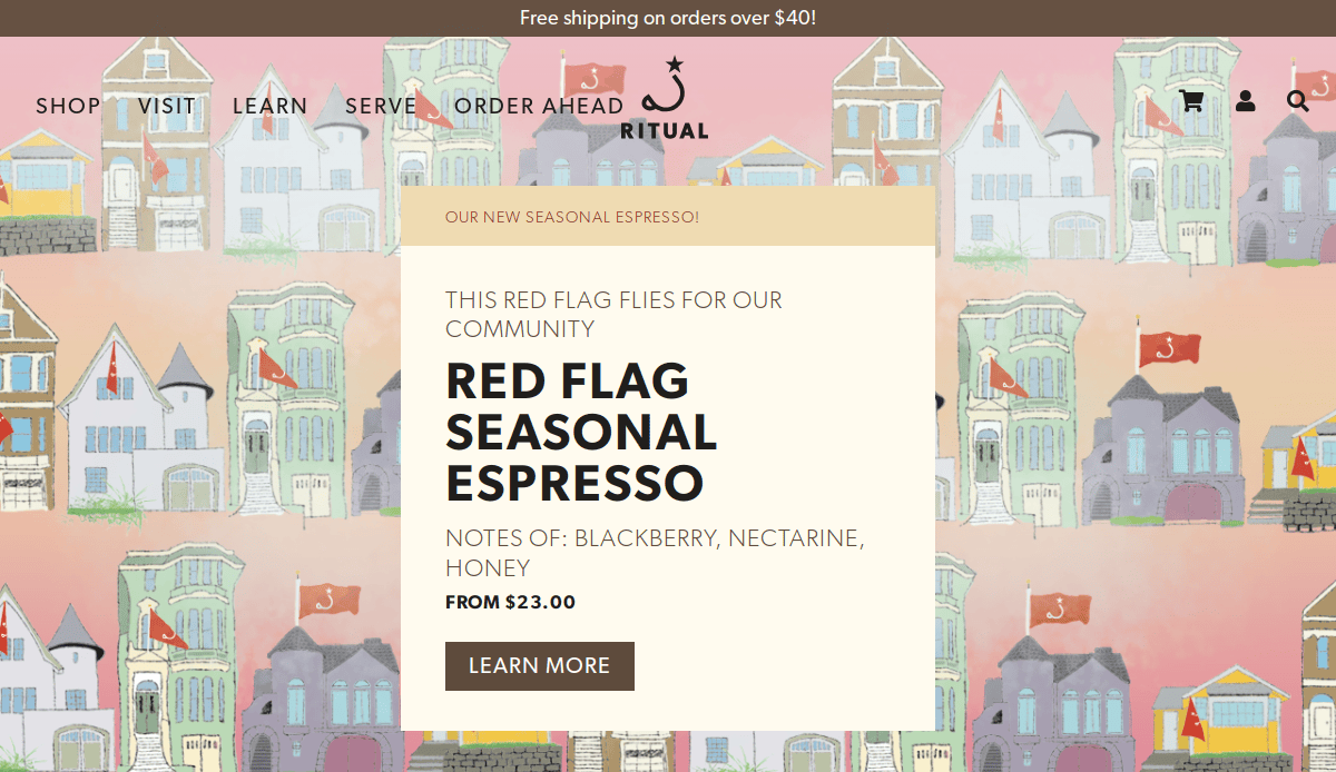 Website banner for Ritual Coffee featuring colorful illustrated houses with red flags, promoting Red Flag Seasonal Espresso with tasting notes of blackberry, nectarine, and honey, and a Learn More button.