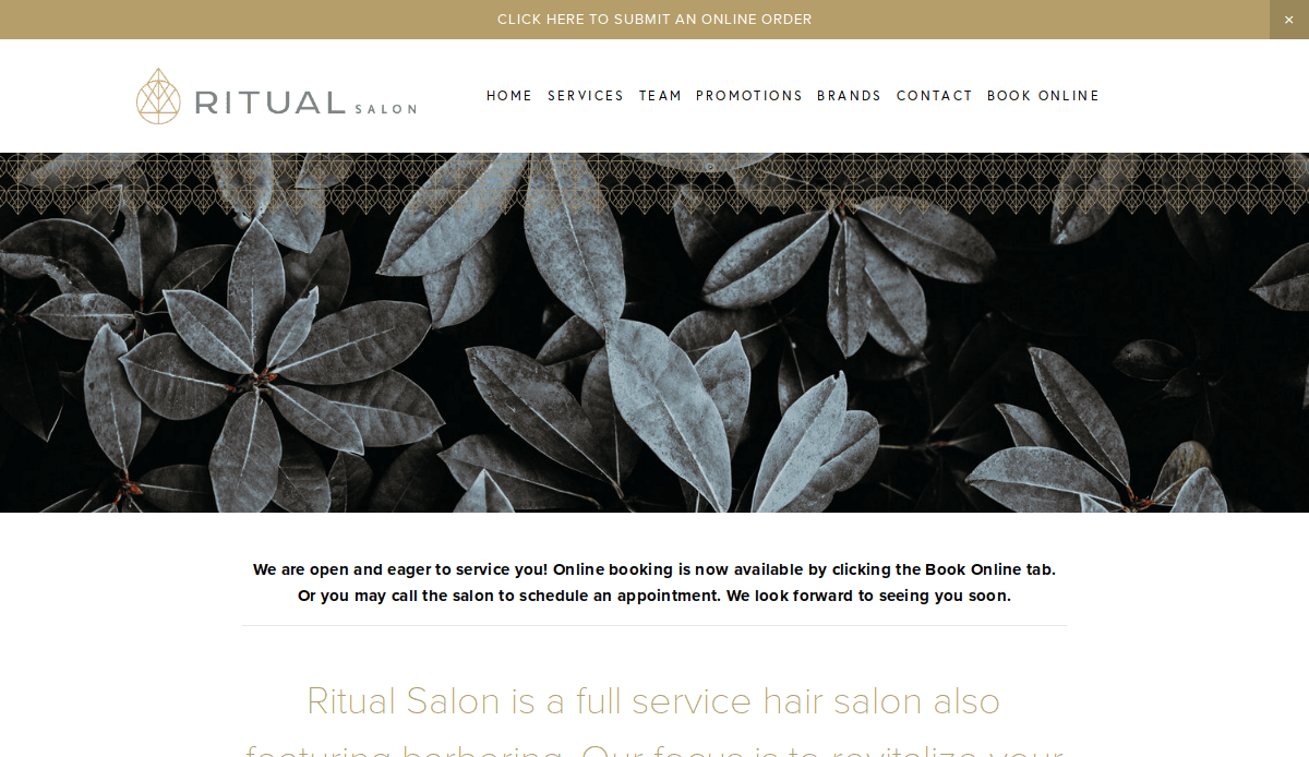 Screenshot of Ritual Salon’s website homepage showing the logo, navigation menu, decorative leaves background, and a notice about online booking available for hair salon services.