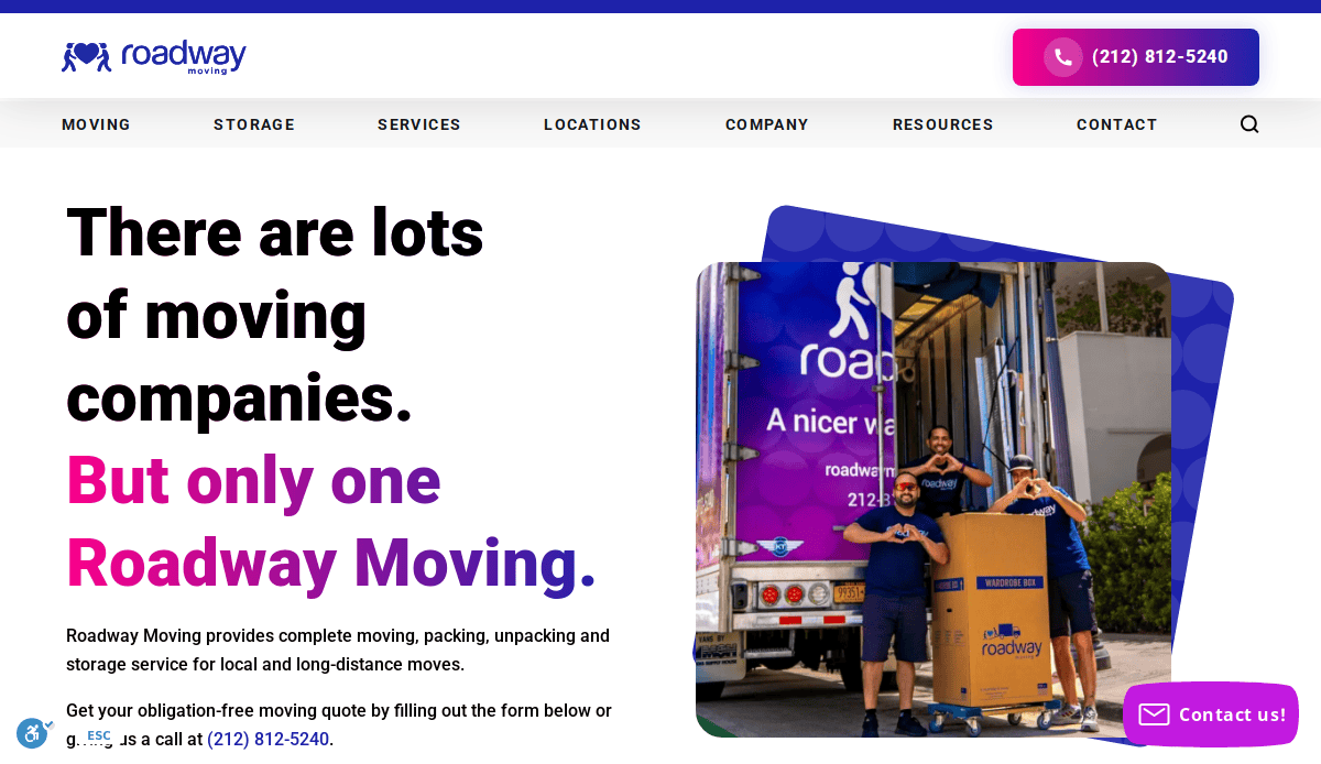 A moving crew from Roadway Moving loads boxes and furniture into a truck. The website highlights their services with the text, “There are lots of moving companies. But only one Roadway Moving.”.