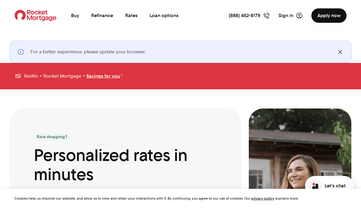 Screenshot of the Rocket Mortgage website homepage with navigation links for Buy, Refinance, Rates, and Loan options, a sign-in button, and a banner suggesting to update the browser for a better experience.