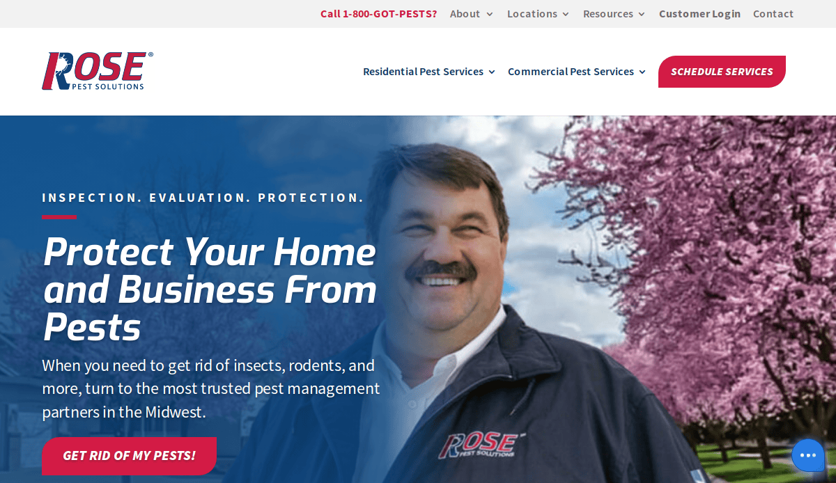 A man in a Rose Pest Solutions uniform stands smiling in front of blooming pink trees. The website banner promotes pest protection services with options to schedule services or get rid of pests.