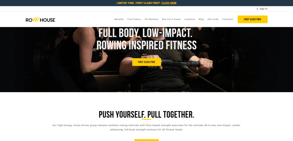 A fitness website homepage shows people rowing on exercise machines with the text “Full Body, Low-Impact, Rowing Inspired Fitness” and buttons for a free class. The Row House logo and navigation menu appear at the top.