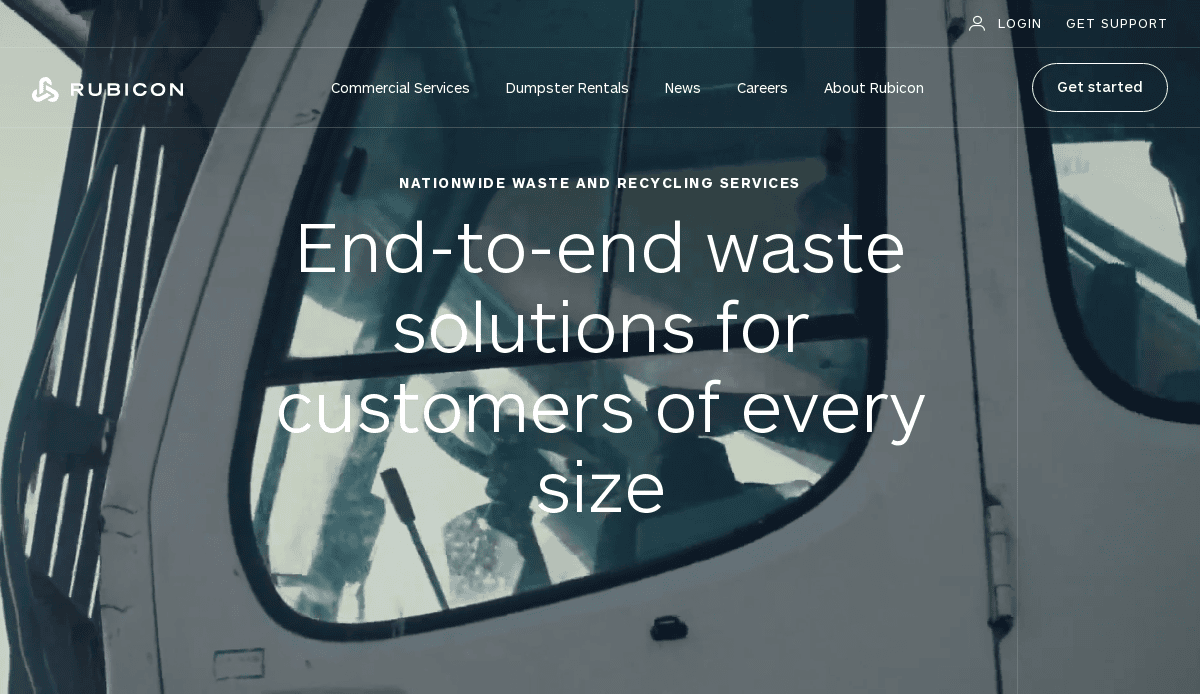 Website homepage with text overlay: End-to-end waste solutions for customers of every size. The background shows a close-up of a vehicle window. Top menu options include services, news, careers, and support.