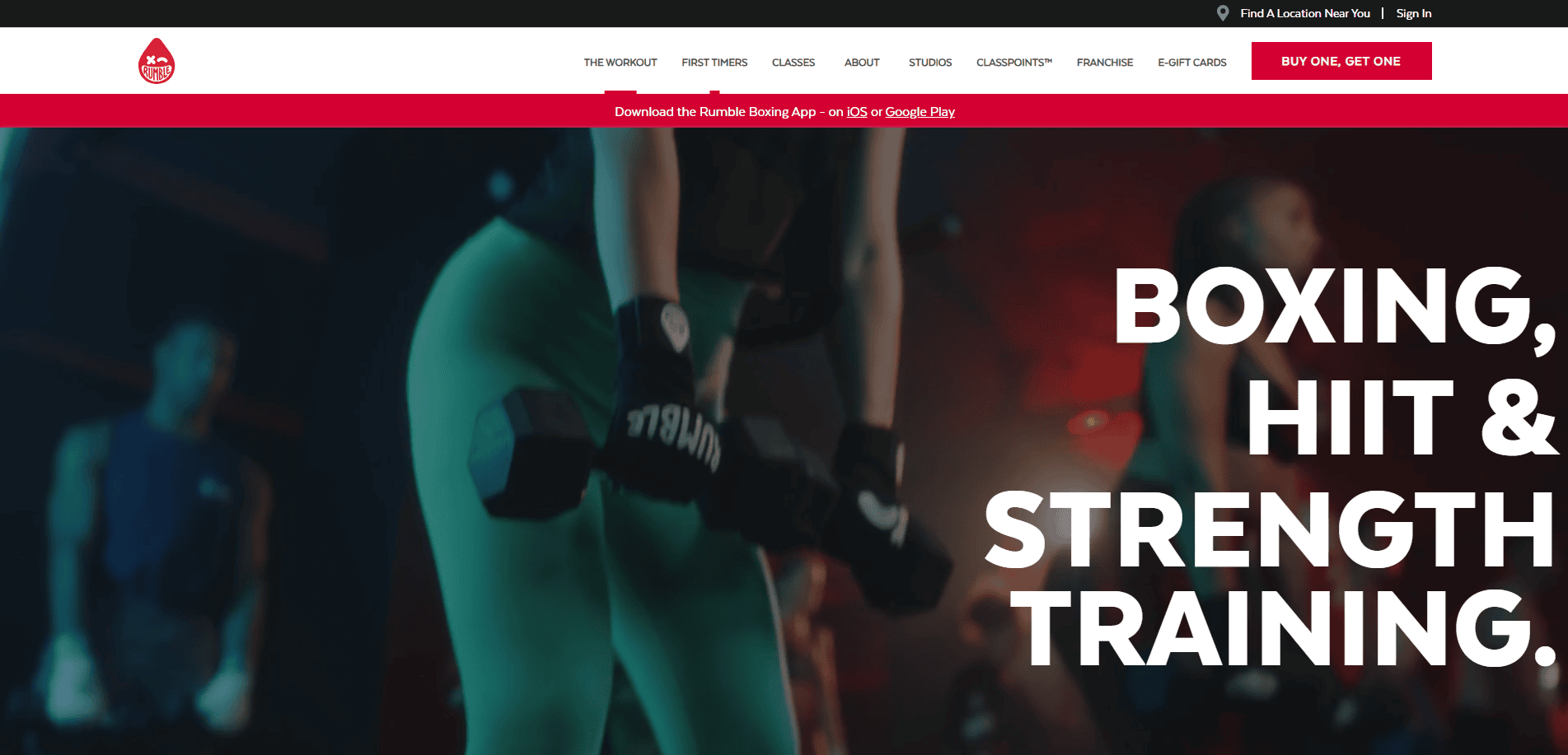 A person holding two dumbbells in a gym setting, with large bold text that reads “Boxing, HIIT & Strength Training” on the right side of the image.