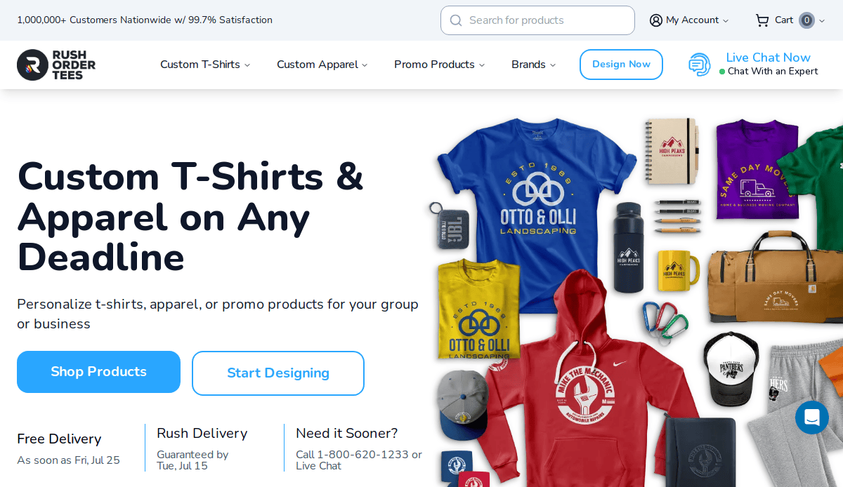 Homepage of Rush Order Tees, showing custom t-shirts, hats, bags, and mugs with designs, alongside navigation menus and buttons for shopping products and starting designs. A chat and fast delivery options are also visible.