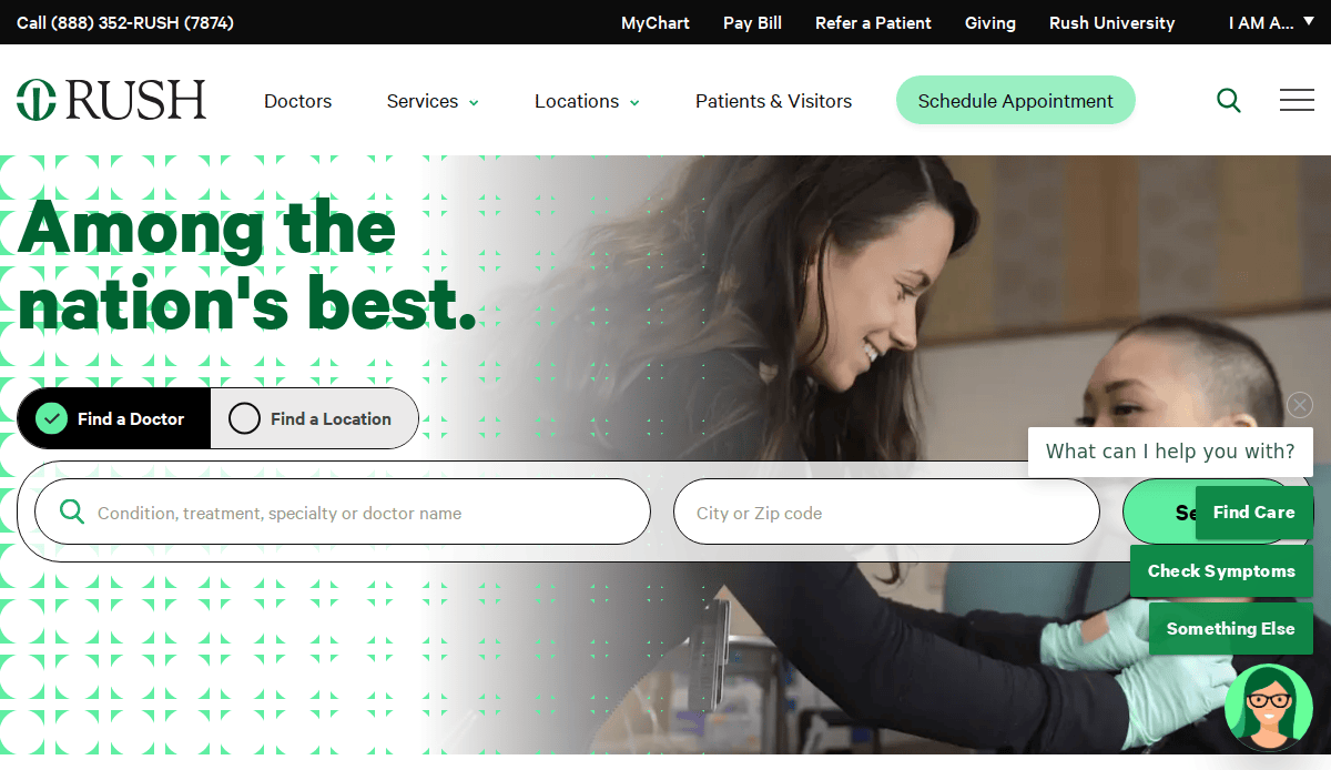A healthcare worker wearing gloves smiles while helping a patient. The website header offers appointment scheduling, doctor and location search, and support options. The text reads, “Among the nation’s best.”.