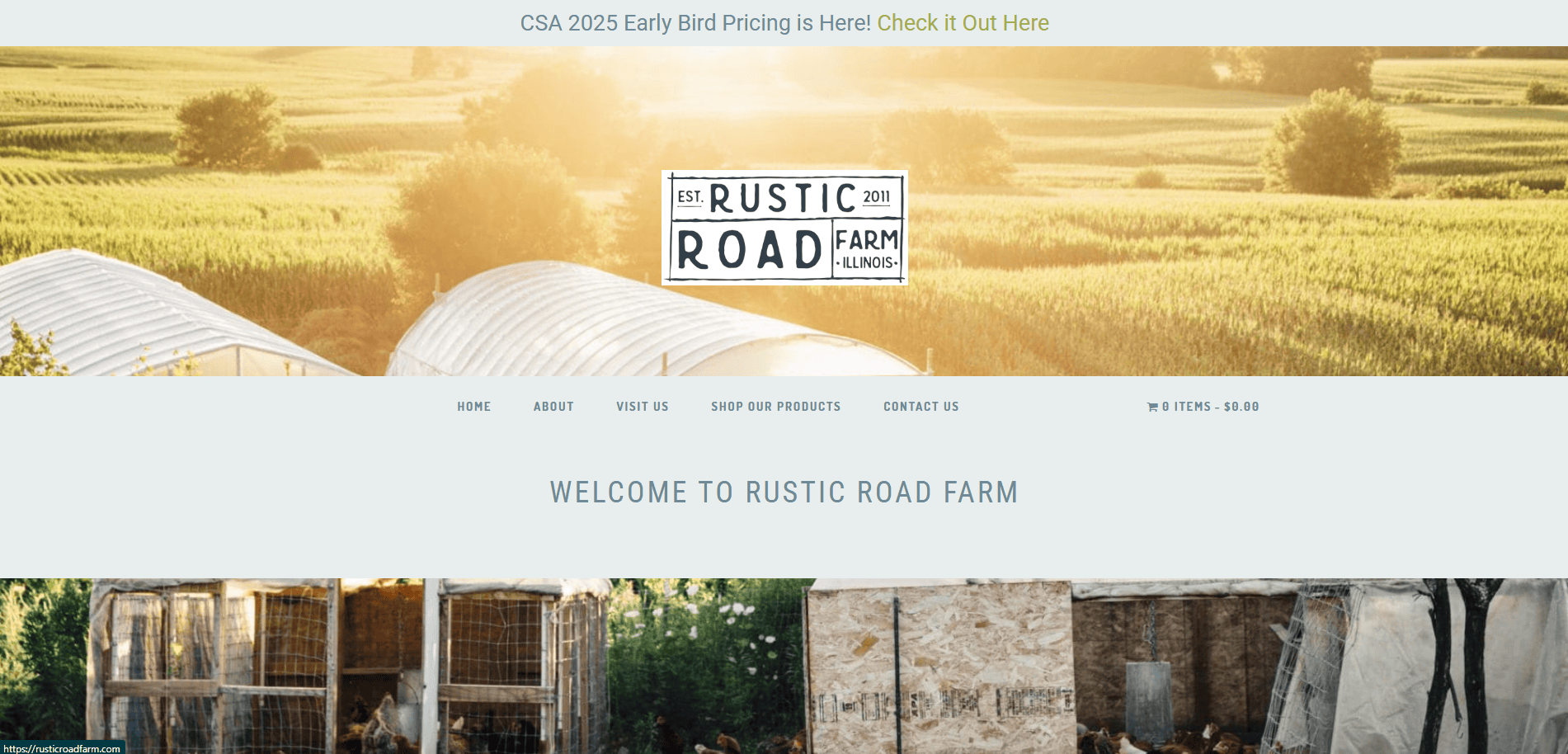 Screenshot of the Rustic Road Farm website homepage, showing green fields, two white hoop houses, and a navigation menu with options like About Us, Visit Us, and Shop Our Products.