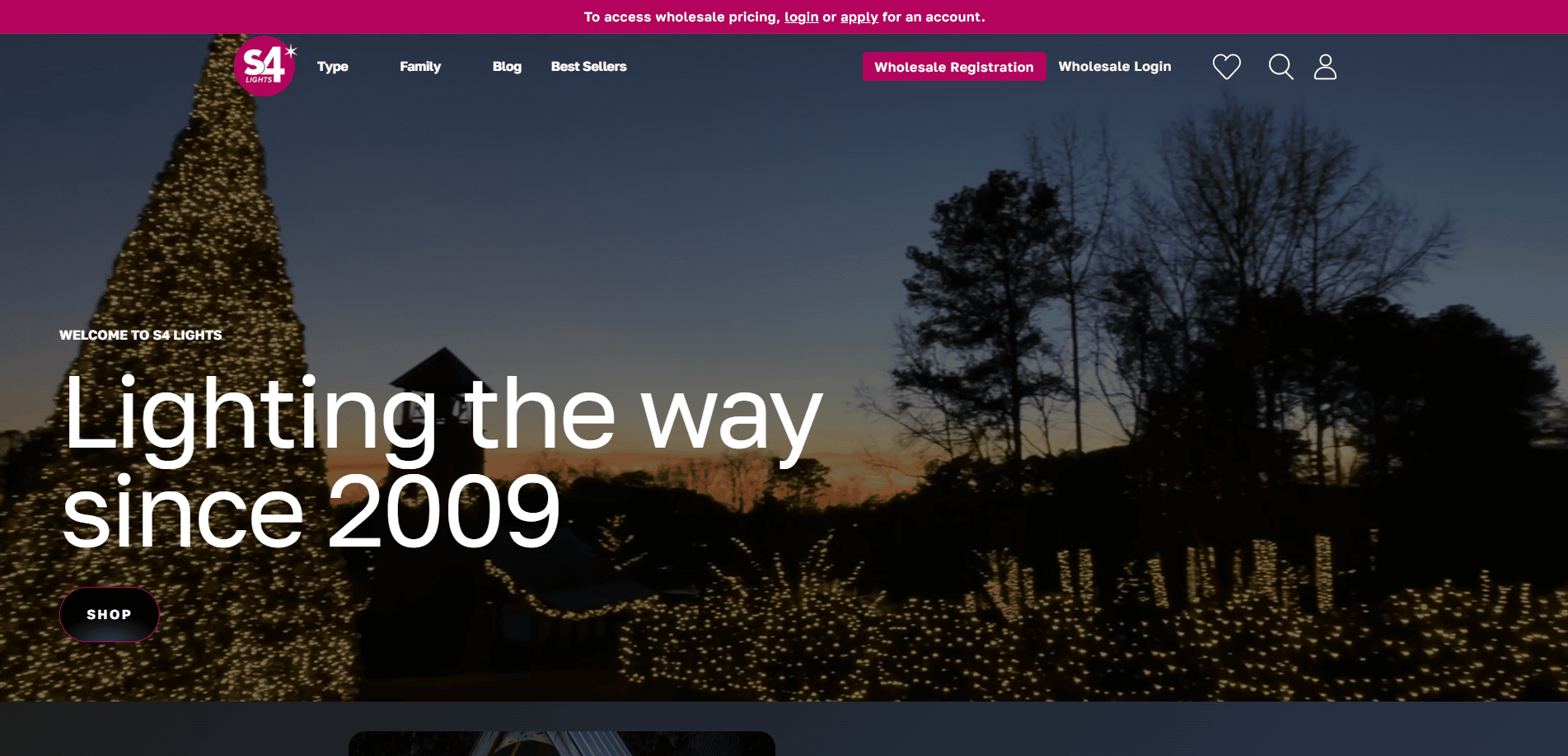 A website homepage shows trees and bushes decorated with string lights at dusk, with the text Lighting the way since 2009 overlaid; navigation links and a pink header bar are visible at the top.