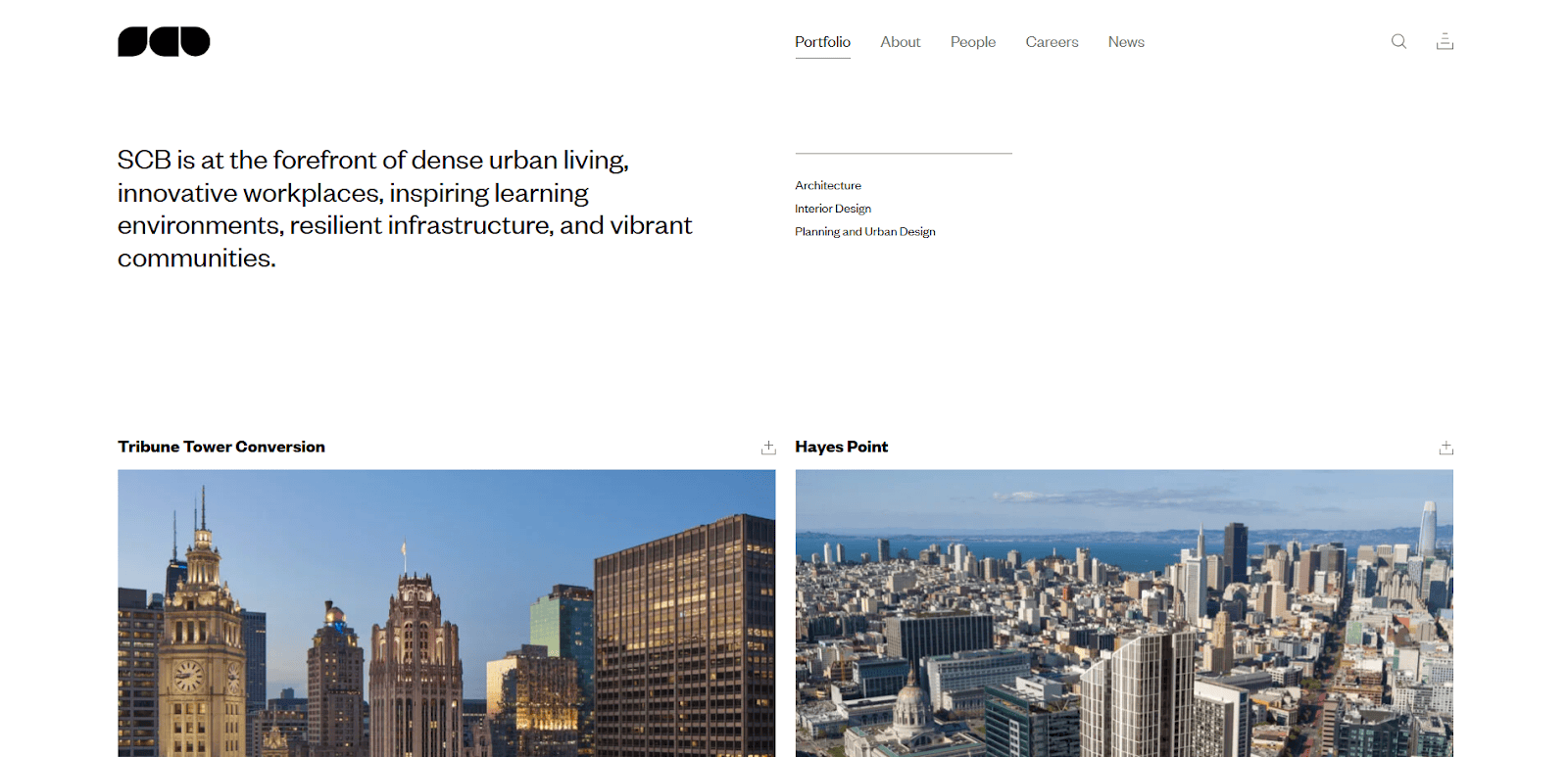 Screenshot of SCBs website featuring their logo, navigation menu, a mission statement about urban living, and images of two architectural projects: Tribune Tower Conversion and Hayes Point, both showing city skylines.