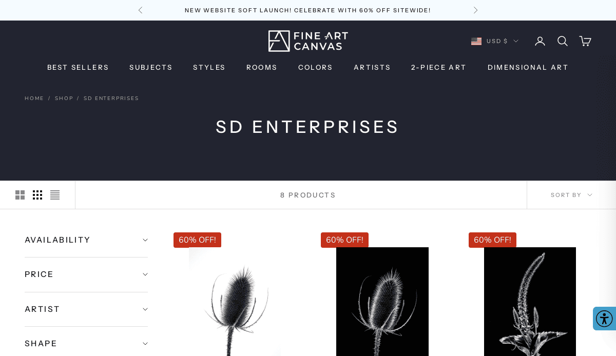 Screenshot of the Fine Art Canvas website showing SD Enterprises art collection, with 8 products displayed, several marked with 60% OFF badges. The header promotes a sitewide 60% off for the new website soft launch.