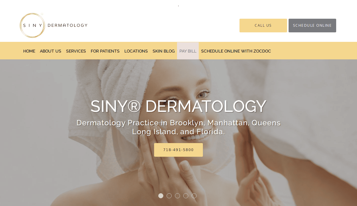 Website homepage for SINY Dermatology showing two women, one examining the others face, with navigation options, phone number, and practice locations listed on a beige and white background.