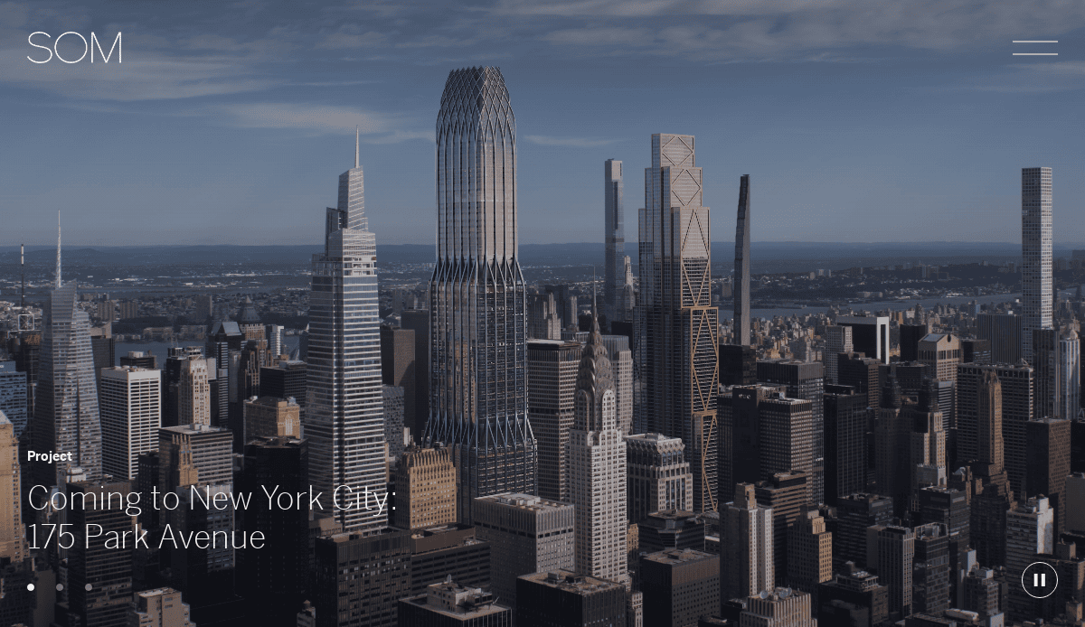 Aerial view of Midtown Manhattan featuring a digitally rendered skyscraper, 175 Park Avenue, among existing tall buildings. Text reads “Coming to New York City: 175 Park Avenue.” Skyline stretches to the horizon under a clear sky.