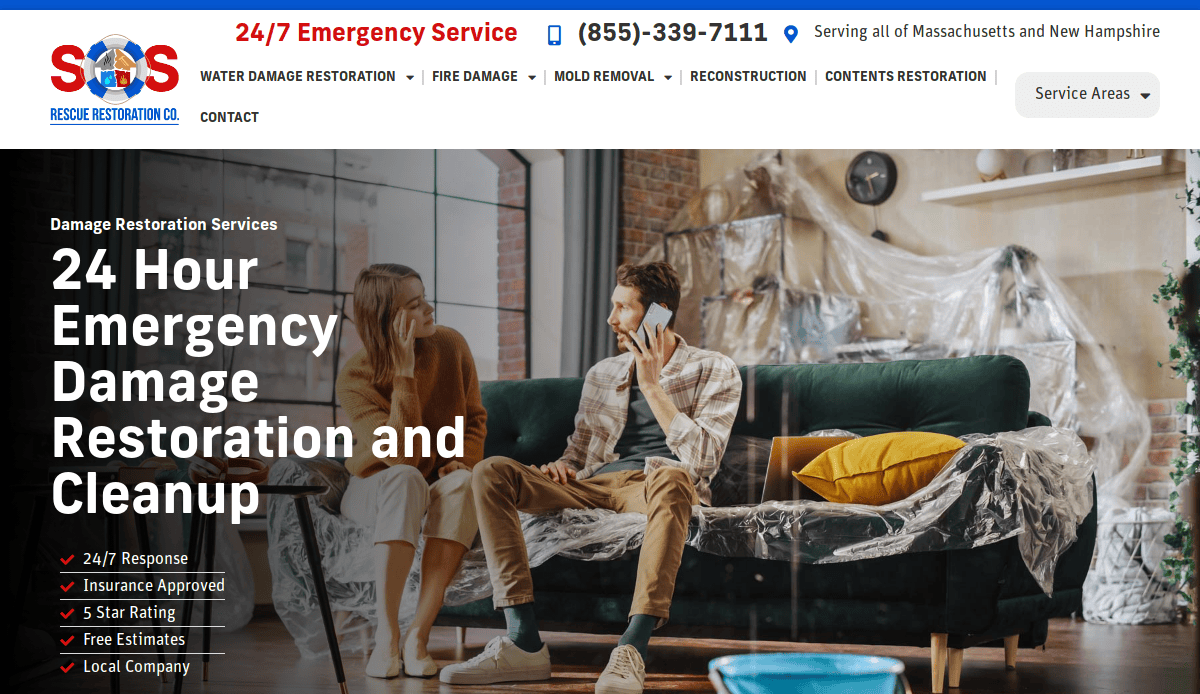 A man and woman sit on a couch in a living room with plastic-covered furniture. Text on the image advertises 24-hour emergency damage restoration and cleanup services, with a phone number and key service features listed.