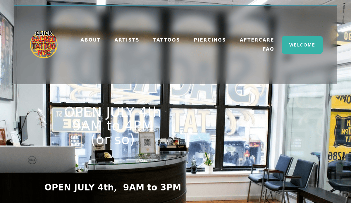 Interior of a tattoo shop with a desk, chairs, large windows, and a sign announcing July 4th hours as 9AM to 3PM. Website menu options are visible at the top of the image.