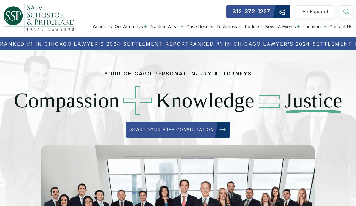 Homepage of Salvi, Schostok & Pritchard law firm, featuring the slogan “Compassion + Knowledge = Justice” above a group photo of attorneys in business attire and options to start a free consultation.