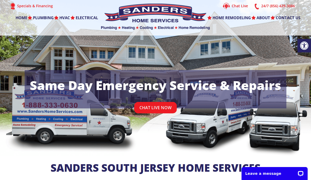 A large house with three Sanders Home Services vans parked in front. The website promotes same-day emergency service and repairs, with contact options, services listed, and a chat button visible.